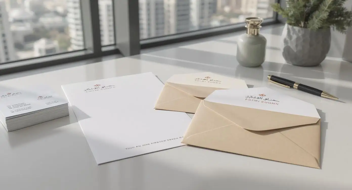 Custom envelope printing in Abu Dhabi showcasing professional branded envelopes with company logos, bilingual Arabic and English design, and premium paper quality on a modern office desk