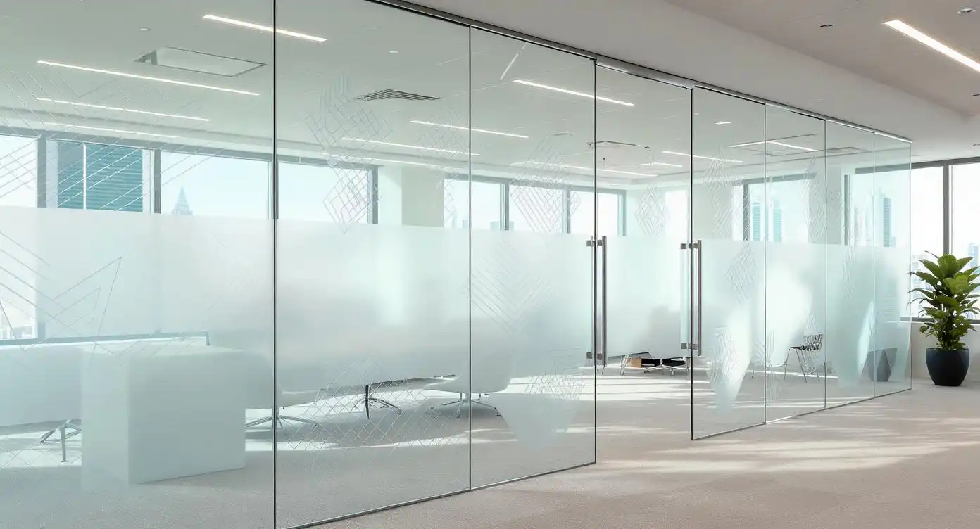 Modern Abu Dhabi office with frosted glass partitions featuring geometric and logo designs, balancing privacy and natural light — professional glass frosting by Quick Graphics Printing.”