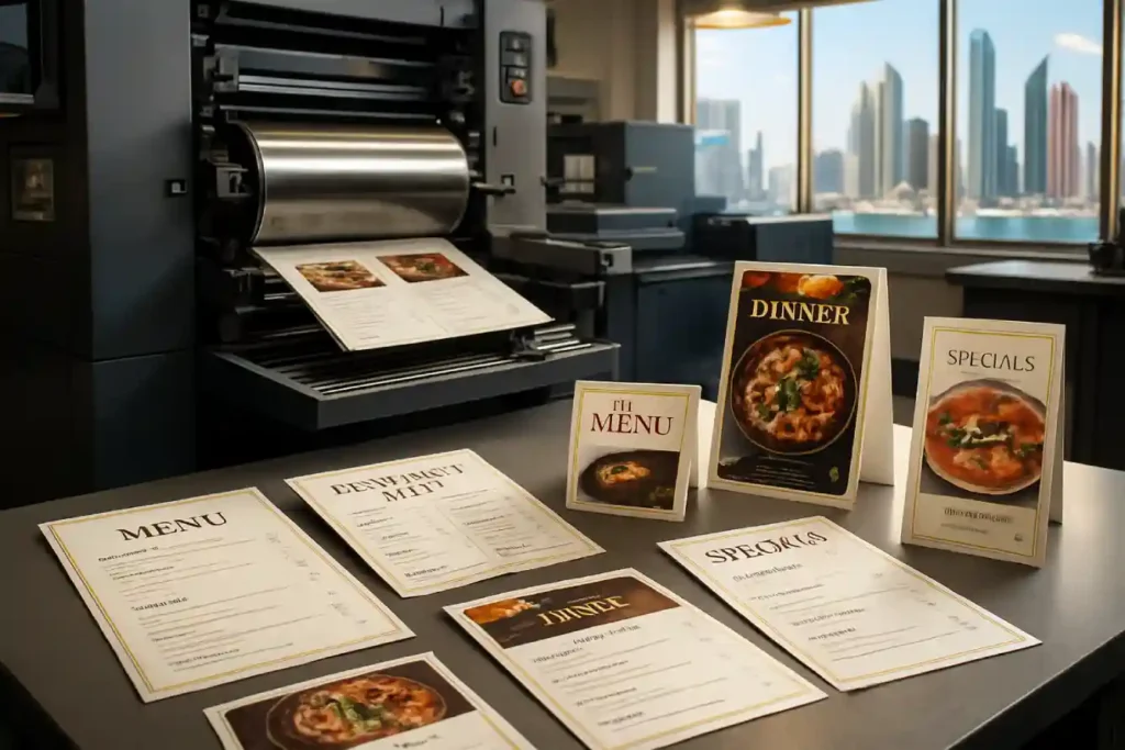 Professional restaurant menus being printed on offset printing machine with Abu Dhabi skyline in background