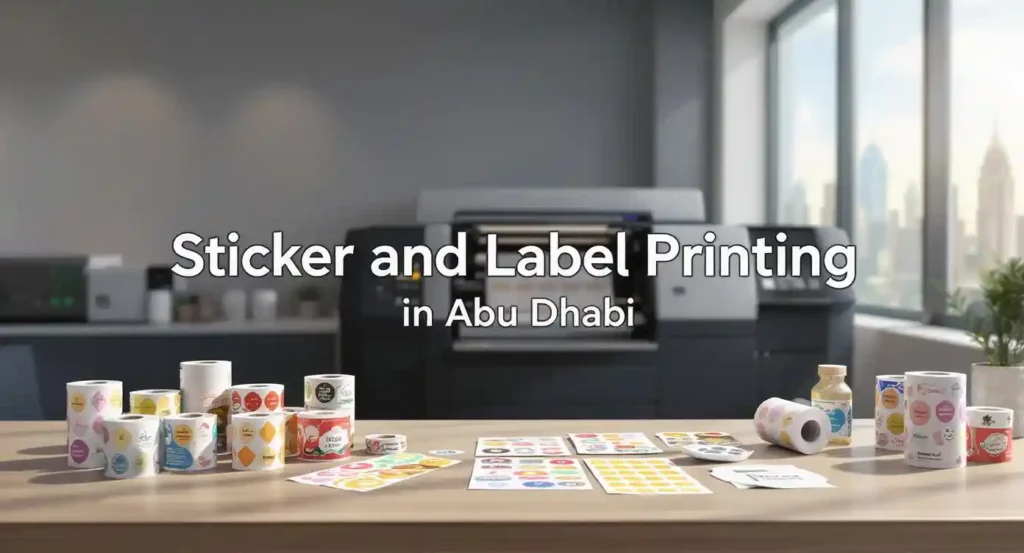 professional illustration of sticker and label printing in Abu Dhabi, showing colorful product labels, printing machine, and packaging design at Quick Graphics Printing